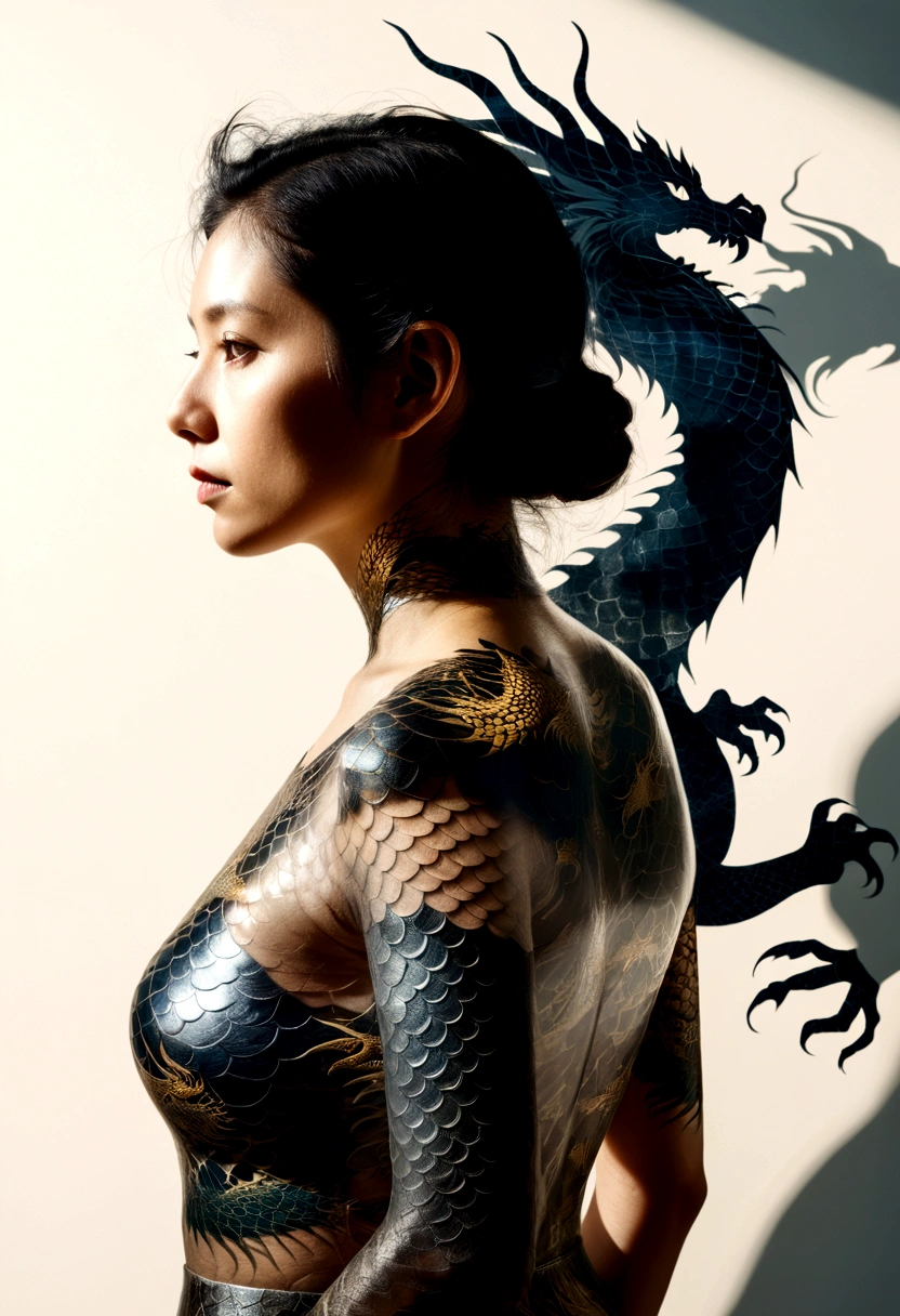 photoillustrasion of double exposure of merged a woman, a dragon (transparency effect mix shadow on her back),  seamless mix, texture and pattern, transparency effect, dramatic shadows and lights, interlacing elements