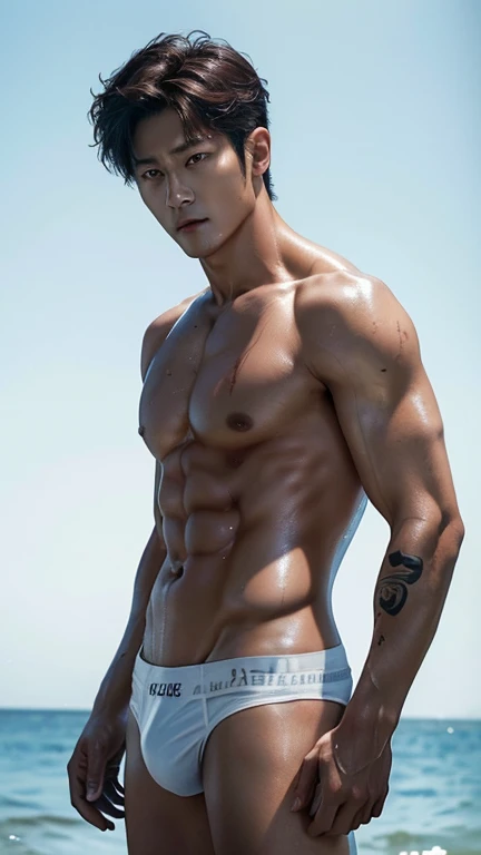 LEE BYUNG-HUN korean male actor, injury bloody face and body after fight concept, shirtless and sexy wet body, tight white underwear, sexy underwear, (vogue magazine cover:1.4), best quality, masterpiece, very aesthetic, perfect composition, proporsional, intricate details, ultra-detailed, hairy pubic, pierce and tattoos, ethnic style, happy look