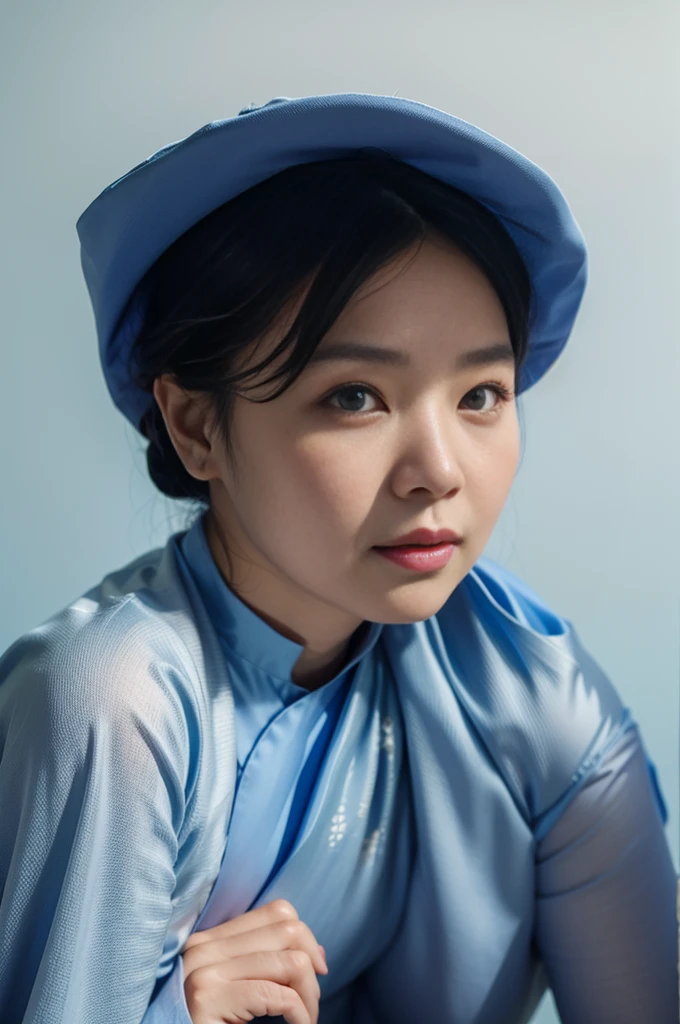 Highly realistic photo, ((masterpiece), (best quality), (raw photo), (photorealistic:1.4), Portrait of a 60 year old Vietnamese woman, wearing a black traditional Vietnamese ao dai and a black scarf on her head, ((light blue background:1.4)) , photo taken by Sony A7IV