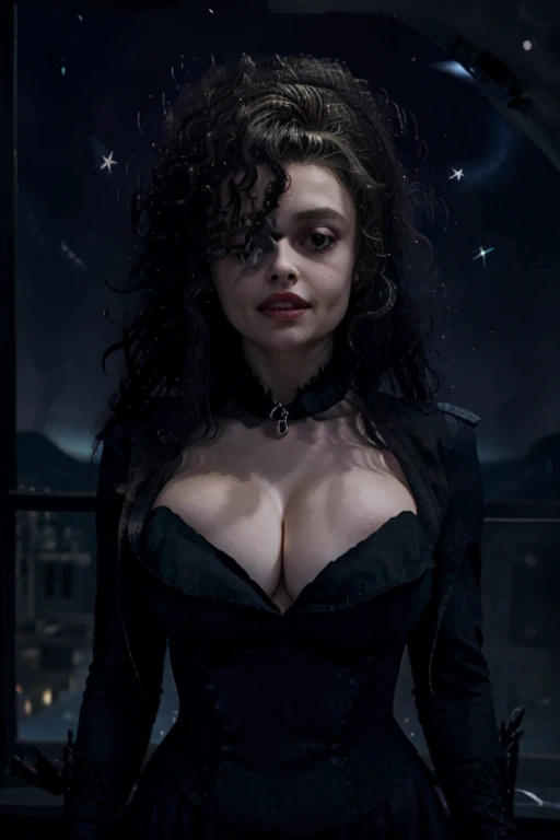 Bellatrix lestrange, with great neckline, evil smile, whole body, night sky, glare