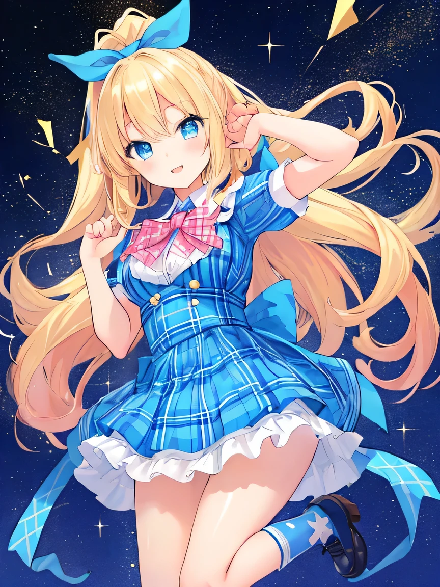((masterpiece)), ((best quality)), (ultra-detailed), ((kawaii)), cute, (lovely), illustration, anime style, full body, full body focus, a cute girl, solo, 1girl, Live performance venue, idol outfit, blond ponytail, big blue ribbon, tsundere, tight eyes, confident expression, a little bit gal, American girl, blue eyes, age15, Blonde hair, tied on one side of the head, hanging down loosely with a large blue ribbon at the knot. A faint stardust effect emanating from the hair. A tsundere personality with a confident and bold expression. Eyes like shining jewels, blue in color. Slightly gal-style, an American girl. (Tartan plaid ribbon:1.3), short sleeves, Pop art-like background, dynamic pose.