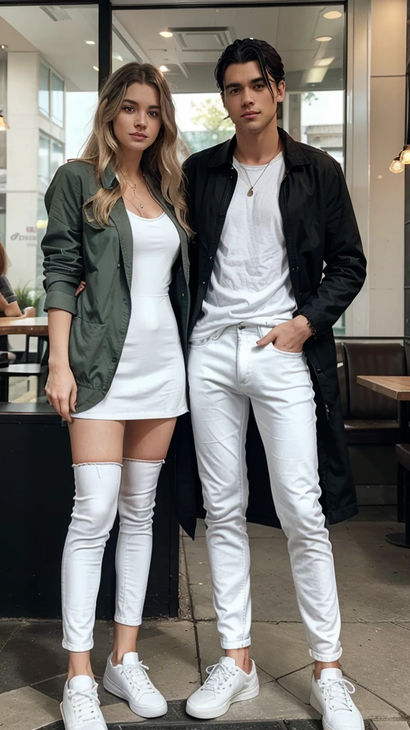 A white woman with wavy blonde hair and green eyes is wearing a long white dress. Next to her is a man, he is white with low-cut black hair, wearing black jeans, a white shirt and a black jacket and he is wearing white shoes. They are in front of a restaurant with glass decoration.