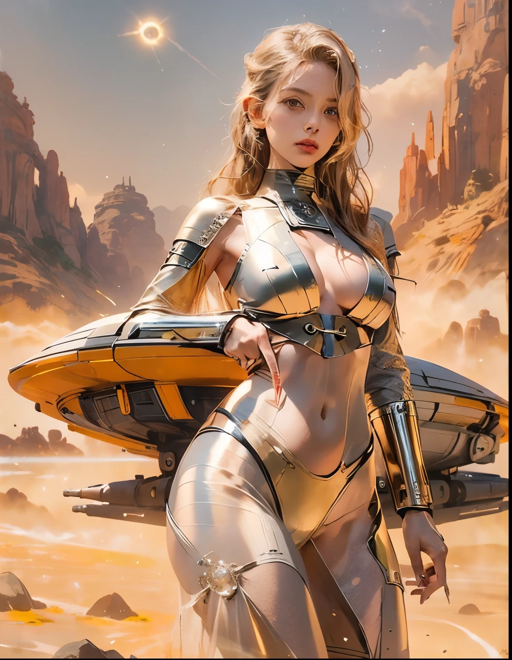 ((portrait, 1 woman, wearing an ultra thin translucent sexy g string cotton bikini)), ((silver, beige, brown, orange red)), ((ultra perfect flowing hairstyle)), (hips up), (((huge natural breasts with cleavage with beautiful hips))), ((perfect radiant skin color)), (((cinematic day time and natural sunlight))), (((detailed spaceship background and incredibly sci-fi retro art masterpiece))), ((spaceships)), (((ultra photorealistic realism))), ((Smooth curves, clean lines, streamlined, functional aesthetics, reflective surfaces, integrated lighting)), extraterrestrials, ((starwars)), (vintage space guns), coloured oval glass, ((desert city background))