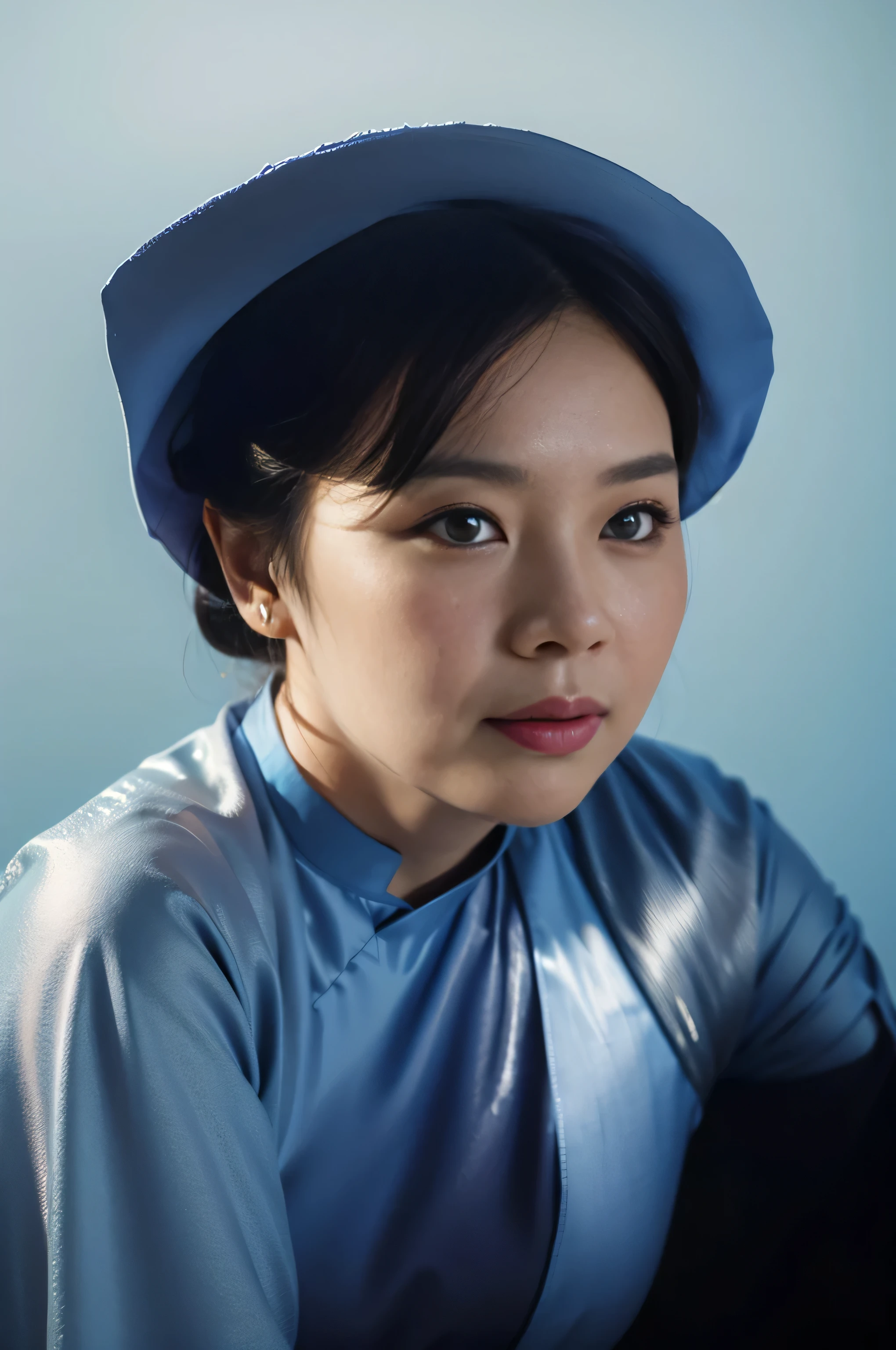 Highly realistic photo, ((masterpiece), (best quality), (raw photo), (photorealistic:1.4), Portrait of a 60 year old Vietnamese woman, wearing a black traditional Vietnamese ao dai and a black scarf on her head, ((light blue background:1.4)) , photo taken by Sony A7IV