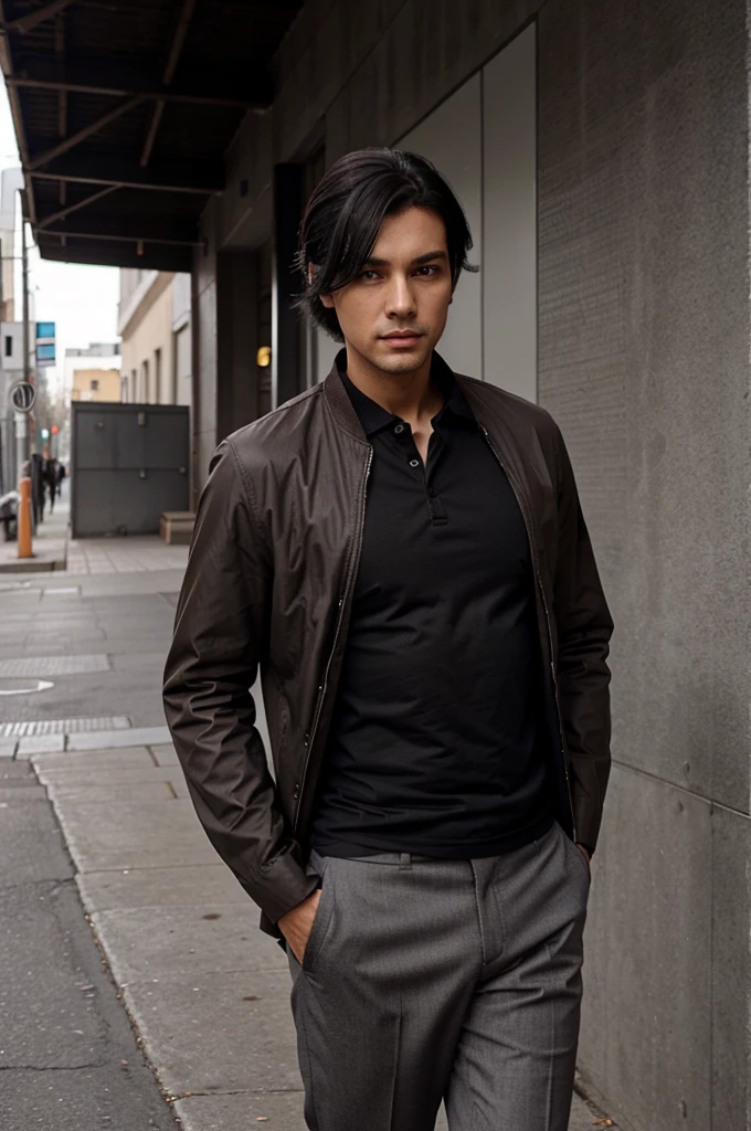 black shirt, long-sleeved brown jacket, long gray trousers, black hair, cute, childish, handsome