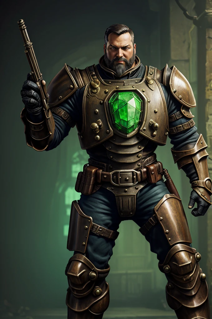 Steampunk,A one-armed man,DND style,Power Armor,A green gem,Black housing