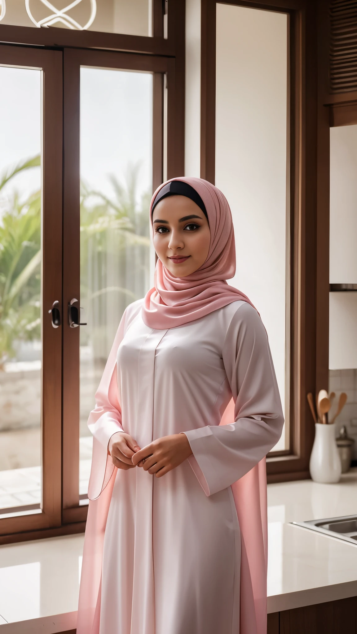 A Woman in light pink hijab and white abaya dress standing in the kitchen, facing to viewer, feminine pose, serene expression, detailed face, detailed clothes, detailed background, warm ambience, bright lighting, natural lighting, 4k, high quality, high resolution, masterpiece