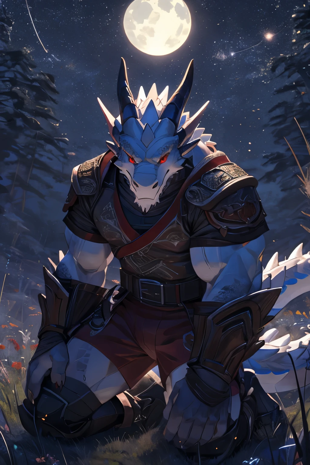 Solitary, Beast field, (dragon), anthropology, male, ((White body,Red eyes)), scales, Tail, muscle, Handsome, Transparent tops,shirt,shorts,muscle, modern, outdoor, external, dark, night, grassland, sit, Claws, epic, Depth of Field, Perfect lighting, (Light Particles),(best quality),(masterpiece),(ultra deTailed),Clear focus,Light Particles, Kneeling,Stand up straight