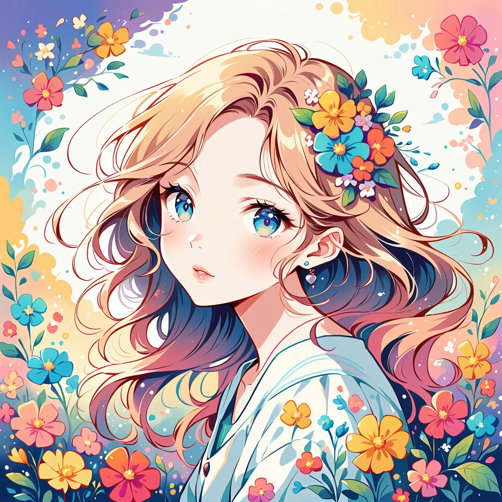 Kei Mochizuki Style、The most beautiful girl of all time、Lips in Love、Colorful flowers、Simple line initials、Abstract art、Urban Background