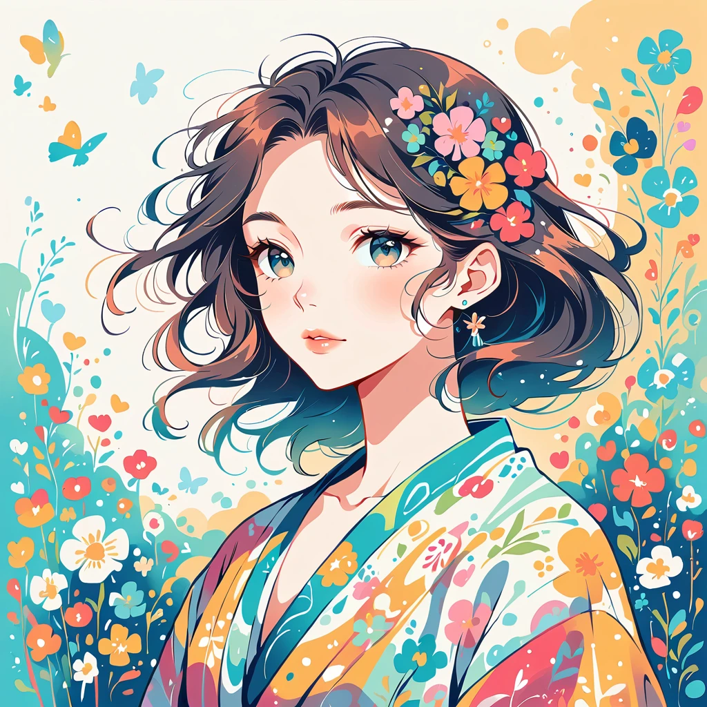 Kei Mochizuki Style、The most beautiful girl of all time、Lips in Love、Colorful flowers、Simple line initials、Abstract art、Urban Background