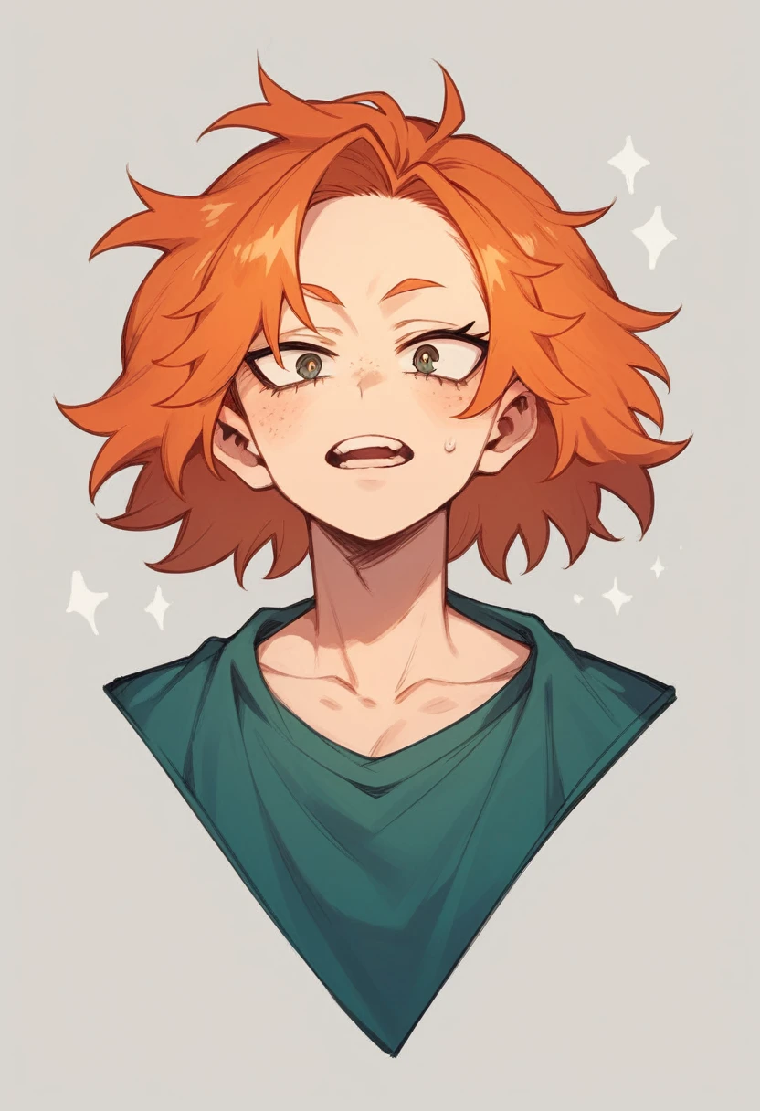 a girl with long orange hair, that her left eye is green and the right one is blue and that she has freckles all over her body and that this girl is created with the drawing style of the anime My Hero Academia