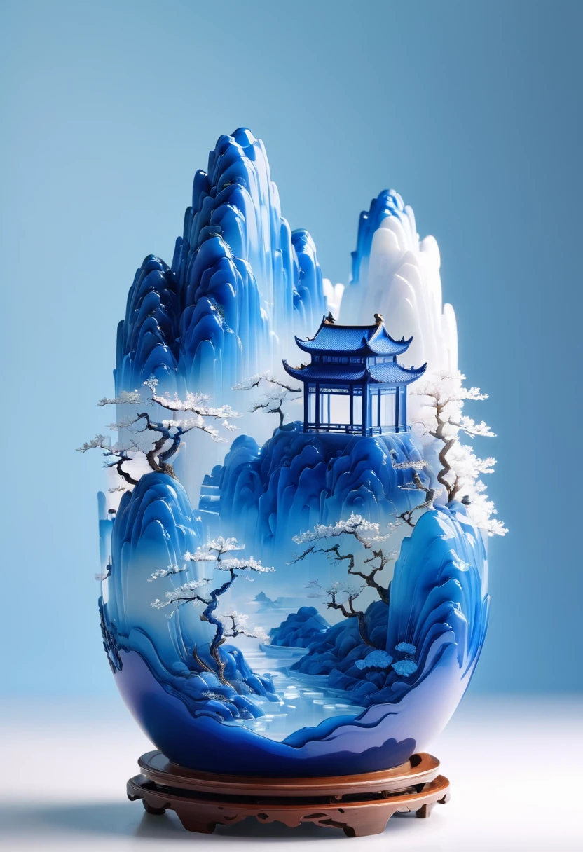 Micro landscape design carved on blue and white porcelain vase，Translucent glass material,Blue-white gradient,Traditional Chinese landscape painting,Abstract shapes,Minimalism,Cave，,3d