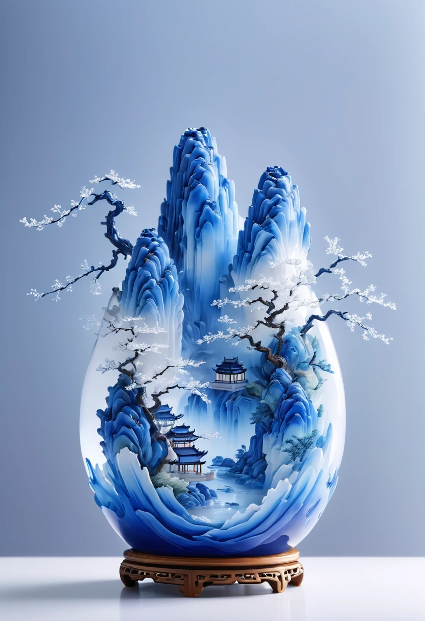 Micro landscape design carved on blue and white porcelain vase,Translucent glass material,Blue-white gradient,Traditional Chinese landscape painting,Abstract shapes,Minimalism,Cave,,3d