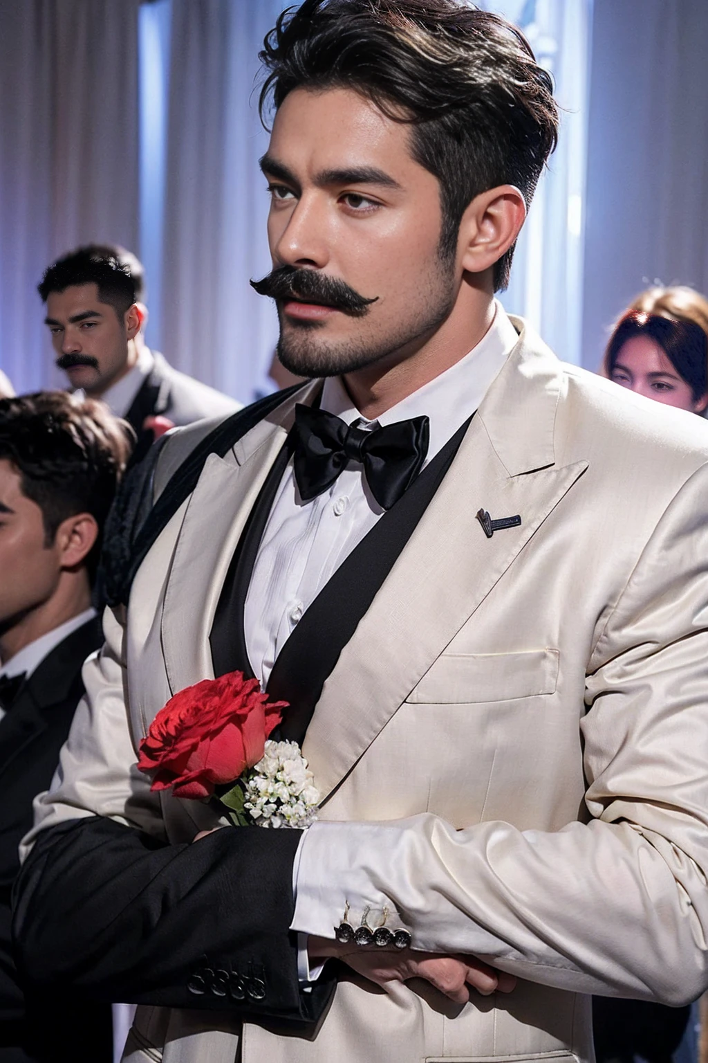 outdoor Wedding, two grooms, suit, black tuxedo, one white hair, big beard. A brunette mustache wears a white suit, wedding scene, hug, , mature male, gay art, ! Skinny and tall!(Chest hair:1.5) ! High detail 8K)! ((Realistically)), ! 186 cm! 70 kilograms! Popular clips! ( High-detail 8k ((realistically)), big hairy black areola! , best quality, bright lighting, focus, theater! 35 years old, hairy breasts, thick hair , Reddit, photo realism, gray hair!!(Chest hair:1.5)!!!gray hair!!(Chest hair:1.5),Detailedface。Moustache,perfect light