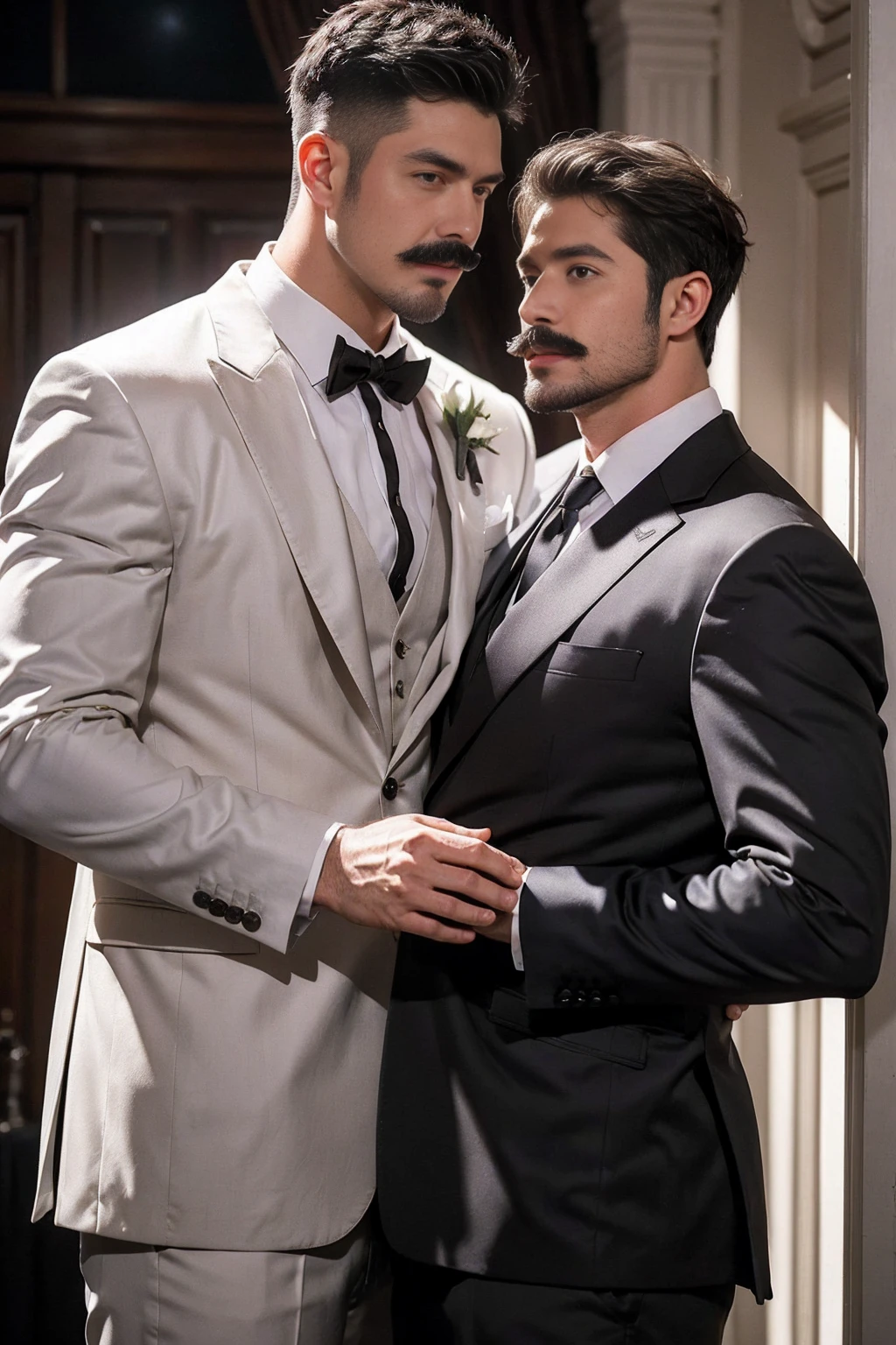 outdoor Wedding, two grooms, suit, black tuxedo, one white hair, big beard. A brunette mustache wears a white suit, wedding scene, hug, , mature male, gay art, ! Skinny and tall!(Chest hair:1.5) ! High detail 8K)! ((Realistically)), ! 186 cm! 70 kilograms! Popular clips! ( High-detail 8k ((realistically)), big hairy black areola! , best quality, bright lighting, focus, theater! 35 years old, hairy breasts, thick hair , Reddit, photo realism, gray hair!!(Chest hair:1.5)!!!gray hair!!(Chest hair:1.5),Detailedface。Moustache,perfect light