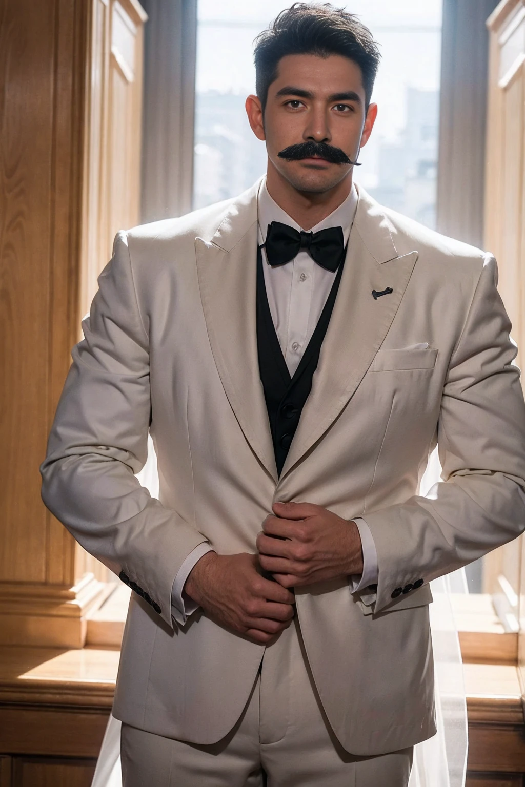 outdoor Wedding, two grooms, suit, black tuxedo, one white hair, big beard. A brunette mustache wears a white suit, wedding scene, hug, , mature male, gay art, ! Skinny and tall！（Chest hair：1.5） ！ High detail 8K)! ((Realistically)), ! 186 cm! 70 kilograms! Popular clips! ( High-detail 8k ((realistically)), big hairy black areola! , best quality, bright lighting, focus, theater! 35 years old, hairy breasts, thick hair , Reddit, photo realism, gray hair！!(Chest hair：1.5）!!!gray hair！!(Chest hair：1.5）,Detailedface。Moustache,perfect light