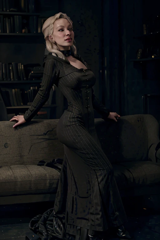 Narcissa malfoy, with great neckline, smile, whole body, in a sofa, death eater outfit, victorian black dress, subjetiva and insinuating position