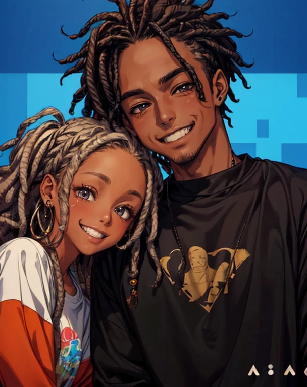 ((masterpiece,best quality)), black couple, couple pose, matching sweatshirts, smiling, boy with dreadlocks, girl with curly hair, dark skin