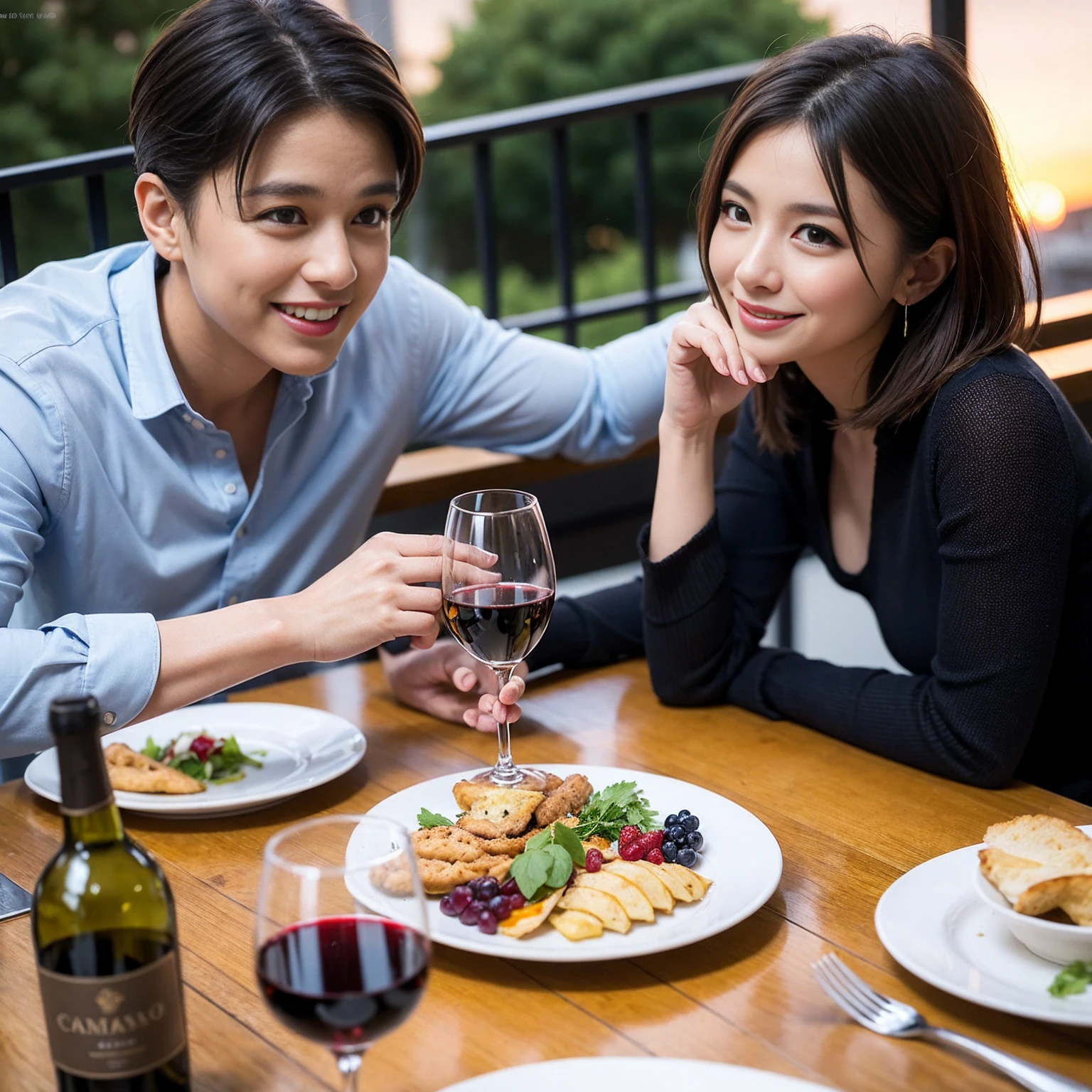 ((Highest quality、8K、masterpiece:1.3))、 (Genuineistic, Genuine、Bright image、Intricate details:1.2), 最高のsmile、1 male 1 female、Beautiful couple、Lovey-dovey lovers、fiancee、Good friends、actress couple、smile、Full-course dinner at a packed table、 (Slim face), (the body is slim), (Brown Hair), (short hair), テーブルのwine glass、Please shine a light on my face、 Amazing view of the sunset sky and clouds、42 years old 39 years old, red wine 、Appetizers、Wine bottle、sparkling wine、Long sleeve shirt、dress、White wine, red wine, wine glass, 