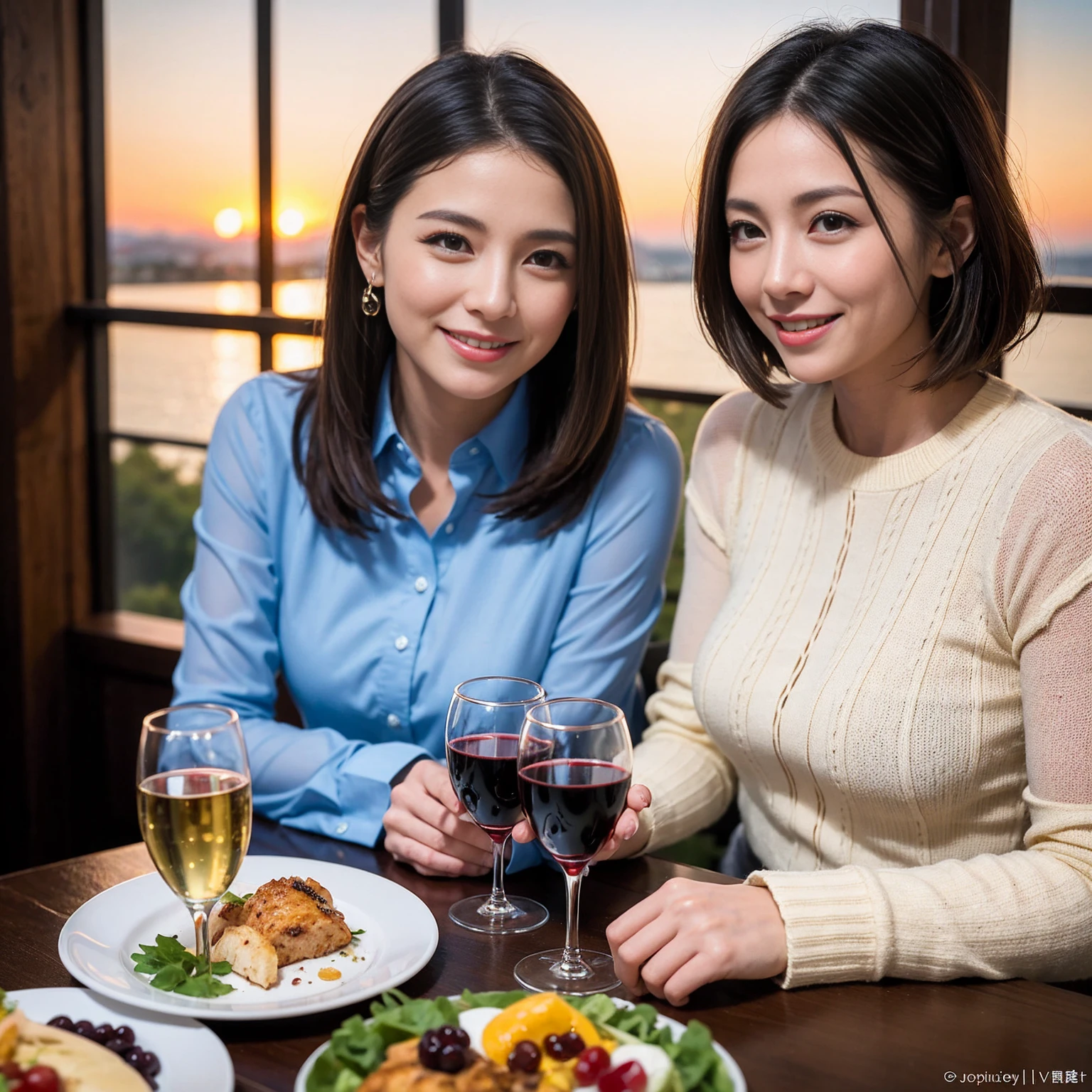 ((Highest quality、8K、masterpiece:1.3))、 (Genuineistic, Genuine、Bright image、Intricate details:1.2), 最高のsmile、1 male 1 female、Beautiful couple、Lovey-dovey lovers、fiancee、Good friends、actress couple、smile、Full-course dinner at a packed table、 (Slim face), (the body is slim), (Brown Hair), (short hair), テーブルのwine glass、Please shine a light on my face、 Amazing view of the sunset sky and clouds、42 years old 39 years old, red wine 、Appetizers、Wine bottle、sparkling wine、Long sleeve shirt、dress、White wine, red wine, wine glass,