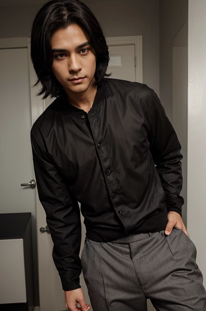 black shirt, long-sleeved brown jacket, long gray trousers, black hair, cute, childish, handsome, anime
