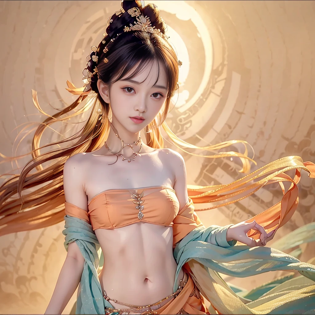 Bust photo, a beautiful woman, messy hair, girly, symmetrical bun, hair accessories, jewelry, delicate face, eye shadow, delicate cyan top, crop top, open button, Dunhuang style, a lot of streamers, cyan streamers, orange streamers, red streamers, delicate skin, soft light effects, delicate and smooth hair, delicate details, eye highlights, fair skin, fine portrayal, extreme details, cinematic quality, thin, slender, broken, hair details, thin bangs, shawl hair, correct body, shadows, air bangs, 8K, Super fine, fine fabric texture, soft, supple, smooth texture, Dunhuang style, delicate pattern, correct hand painting, smile, tsurime, surrealism, ray tracing, UHD, high details, super detail, highres, 8k, high quality, high details, textured skin, ccurate