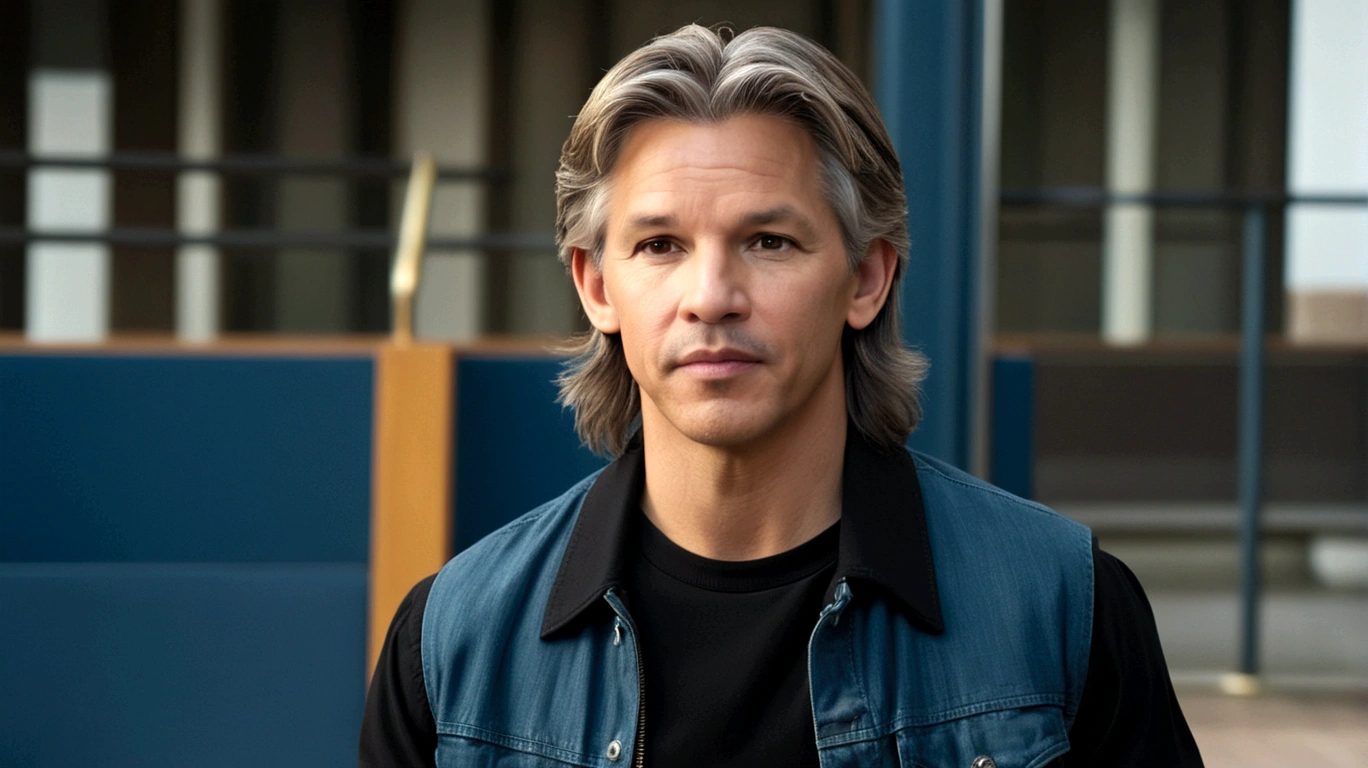 a young man called lineker, 50 years old, he has a face similar to Jon Bom Jovi, he has light hair, brown eyes, black blouse, black pants, black sneakers, he is sitting on his sofa watching his cell phone