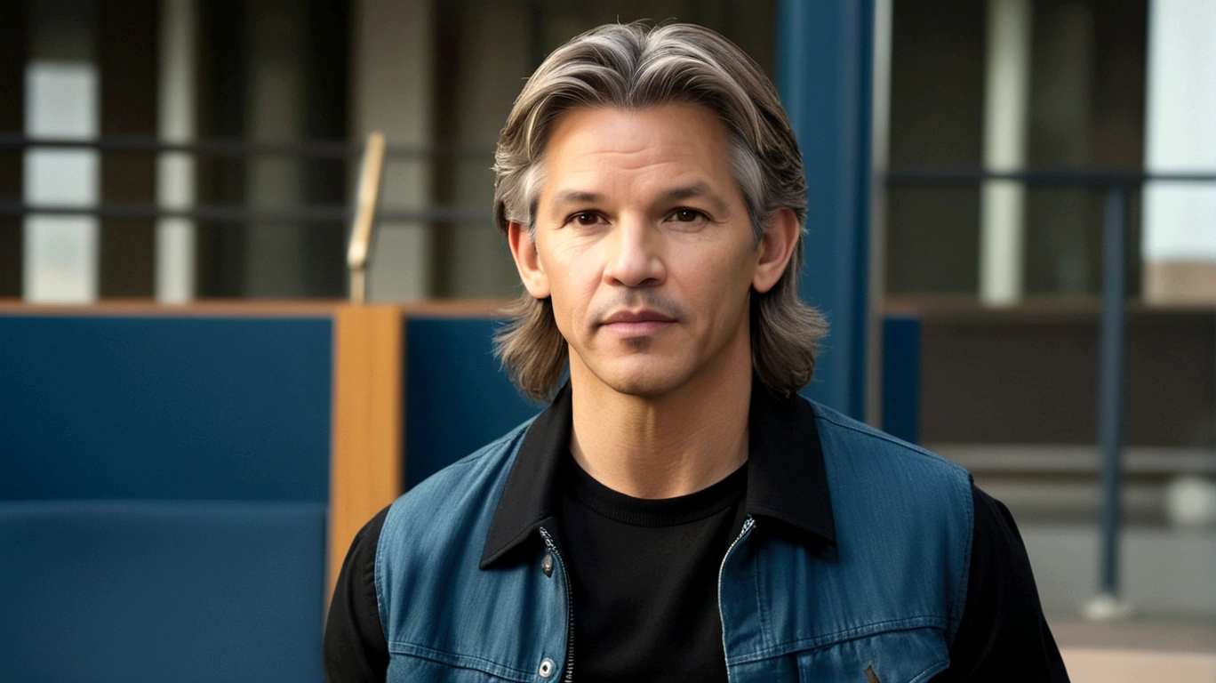 a young man called lineker, 50 years old, he has a face similar to Jon Bom Jovi, he has light hair, brown eyes, black blouse, black pants, black sneakers, he is sitting on his sofa watching his cell phone
