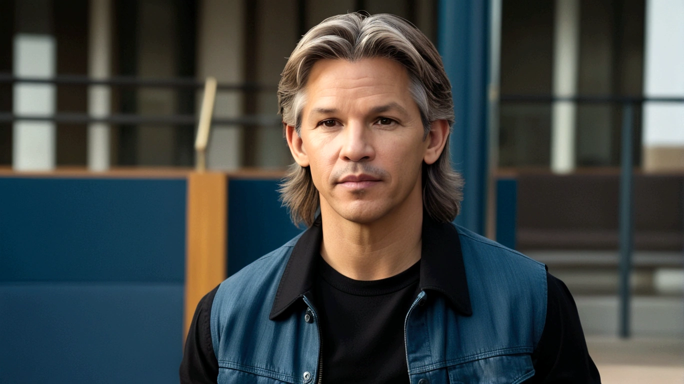 a young man called lineker, 50 years old, he has a face similar to Jon Bom Jovi, he has light hair, brown eyes, black blouse, black pants, black sneakers, he is sitting on his sofa watching his cell phone