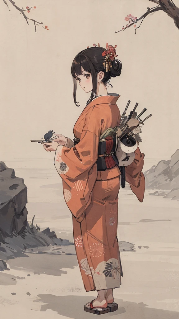 Beautiful woman playing with a bird、Japanese-style kimono