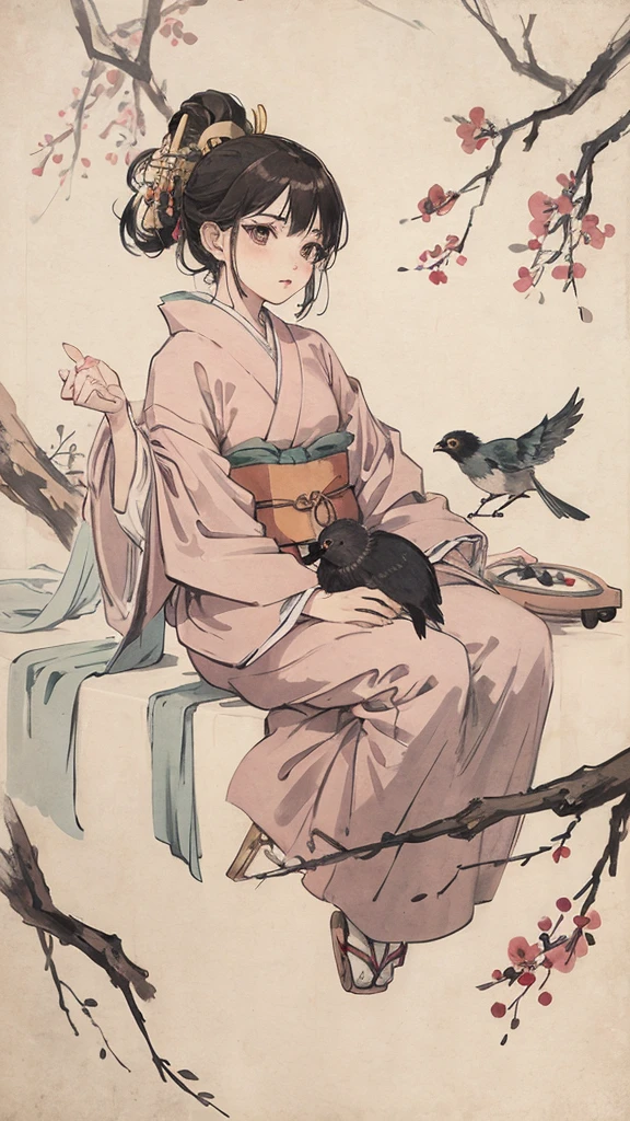 Beautiful woman playing with a bird、Japanese-style kimono