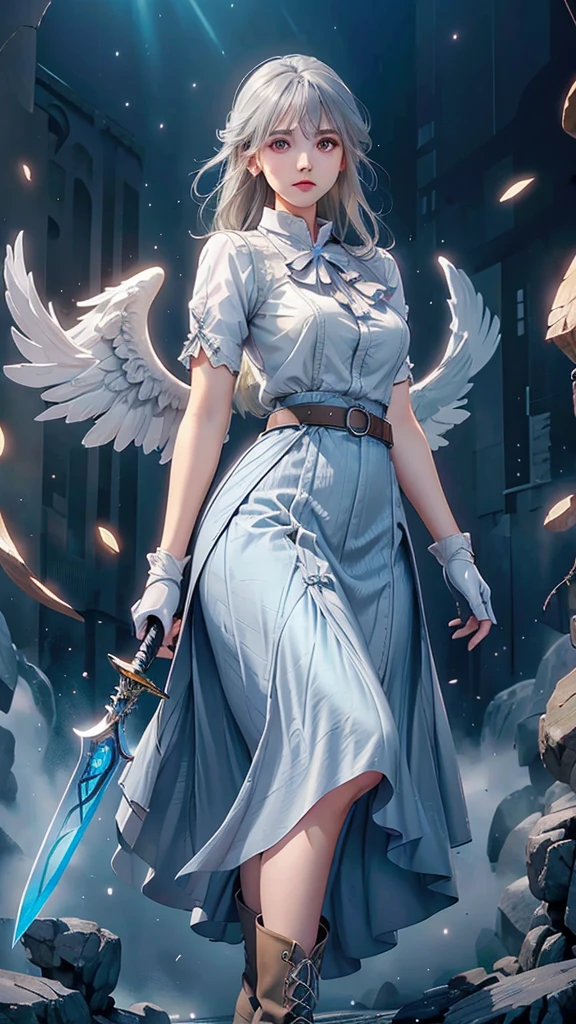 a young woman with gray hair and gray eyes, wearing a white shirt, long blue skirt, gloves, belt, and boots, holding two swords, angel wing on her back, detailed face, beautiful eyes, high quality, detailed illustration, elegant, fantasy, realistic, dramatic lighting, cinematic, digital art, concept art, vibrant colors, masterpiece