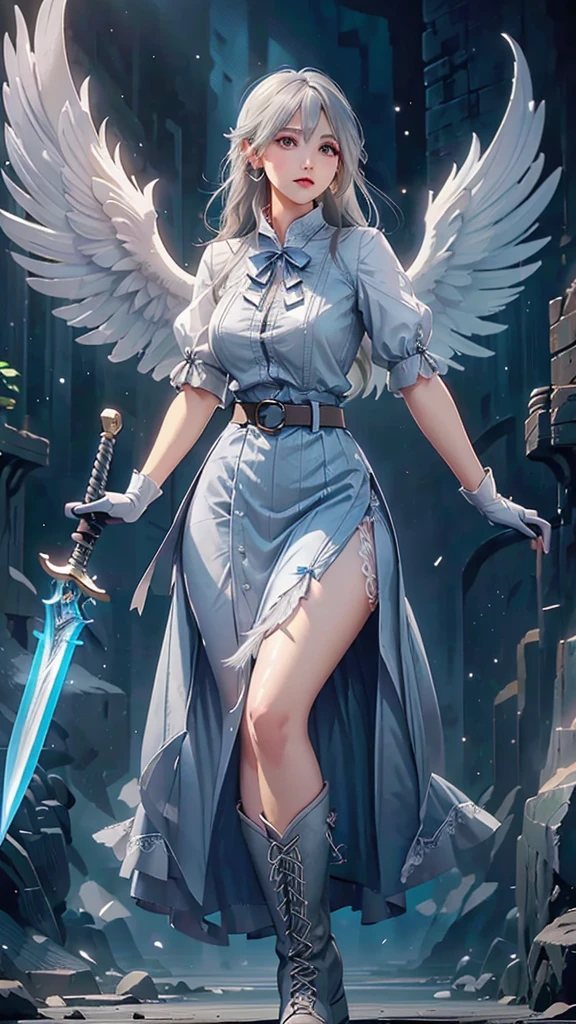 a young woman with gray hair and gray eyes, wearing a white shirt, long blue skirt, gloves, belt, and boots, holding two swords, angel wing on her back, detailed face, beautiful eyes, high quality, detailed illustration, elegant, fantasy, realistic, dramatic lighting, cinematic, digital art, concept art, vibrant colors, masterpiece