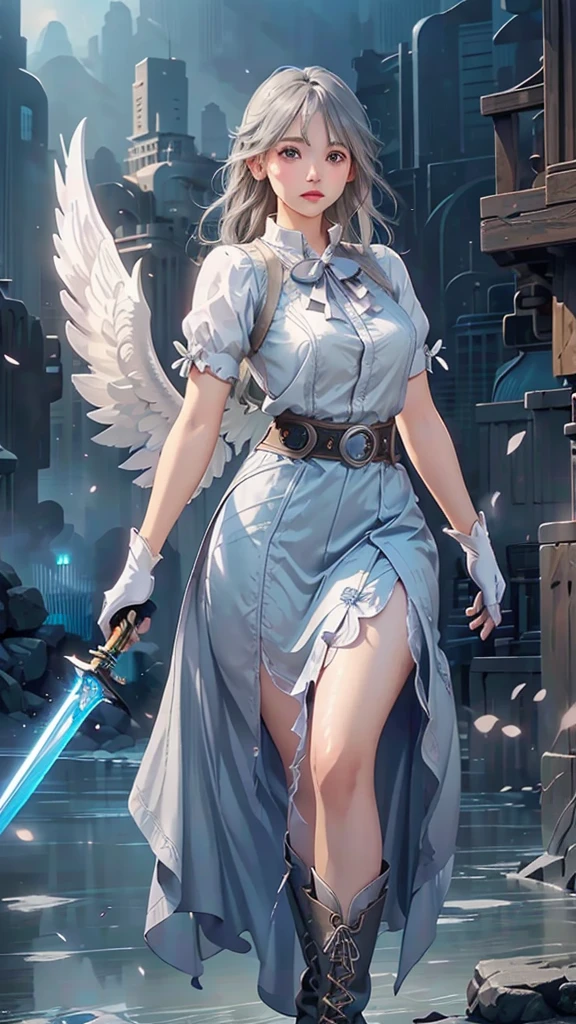 a young woman with gray hair and gray eyes, wearing a white shirt, long blue skirt, gloves, belt, and boots, holding two swords, angel wing on her back, detailed face, beautiful eyes, high quality, detailed illustration, elegant, fantasy, realistic, dramatic lighting, cinematic, digital art, concept art, vibrant colors, masterpiece