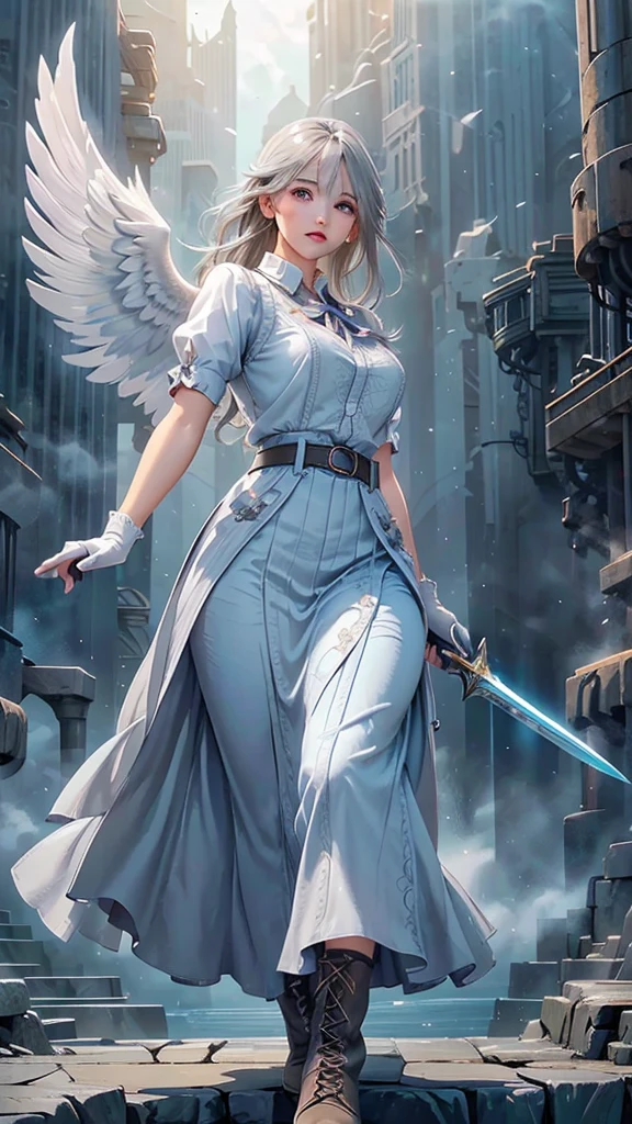 a young woman with gray hair and gray eyes, wearing a white shirt, long blue skirt, gloves, belt, and boots, holding two swords, angel wing on her back, detailed face, beautiful eyes, high quality, detailed illustration, elegant, fantasy, realistic, dramatic lighting, cinematic, digital art, concept art, vibrant colors, masterpiece