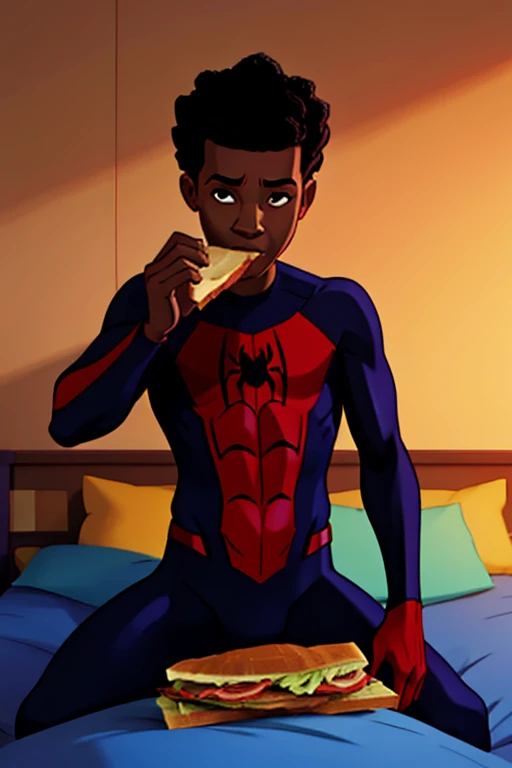  Miles Morales eats a sandwich in his bed and shows his abs,