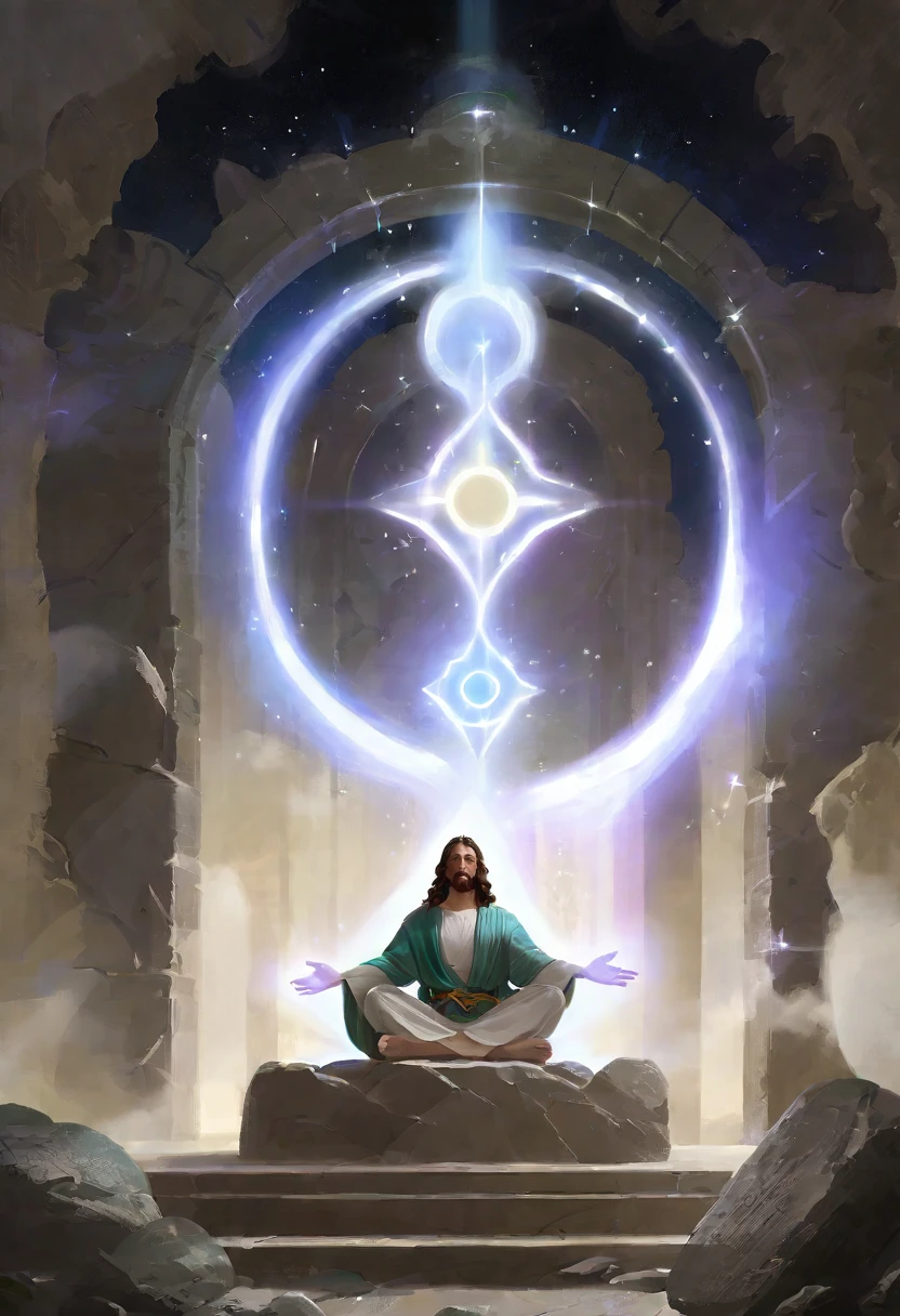 Jesus sitting on a rock with aura