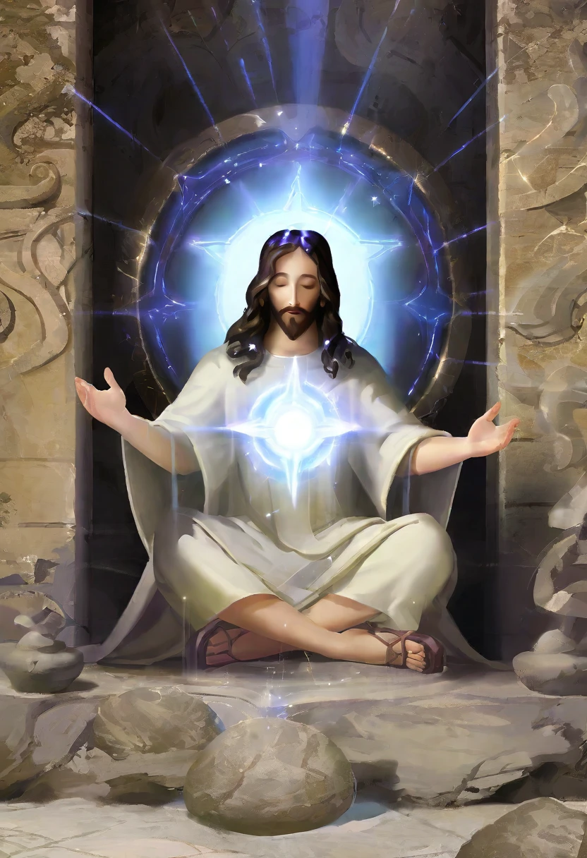 Jesus sitting on a rock with aura