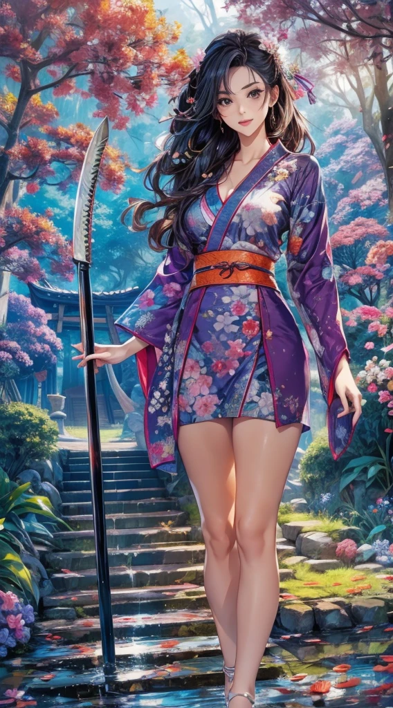 Shrine after the rain、Beautiful 30 year old woman、Green kimono、Flashy floral kimono、Holding a naginata in his right hand、The naginata blade shines in the light.、Large Breasts、There is a puddle