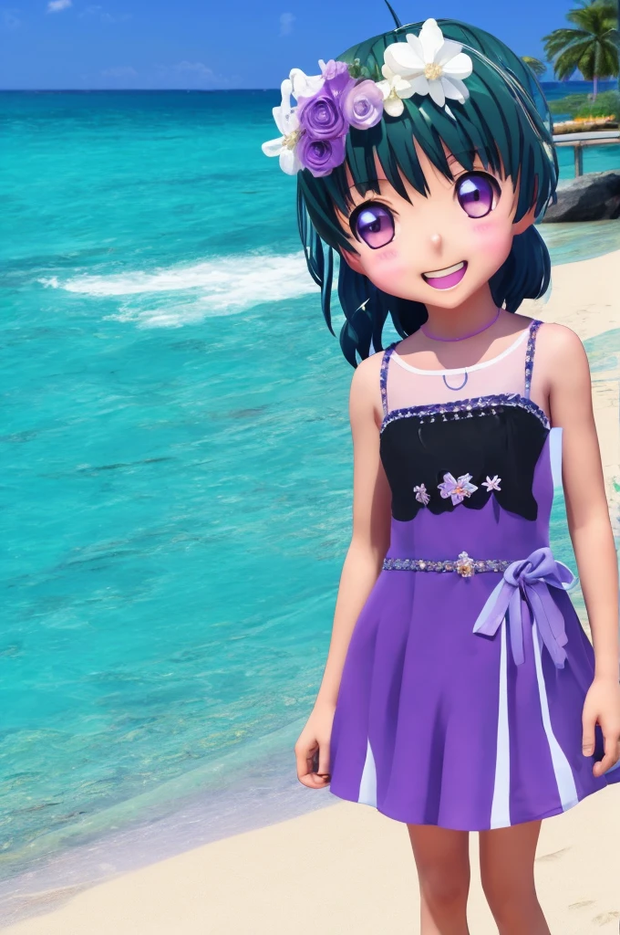 Himari Mei, masterpiece, , cute, flat chest, cute and shy smile, highly detailed sparkling brilliant purple eyes, open mouth slightly, standing in summer beach, aquamarine sea, sandy beach, outstretched straight arms for viewer, black dress, perfect body, detailed hands