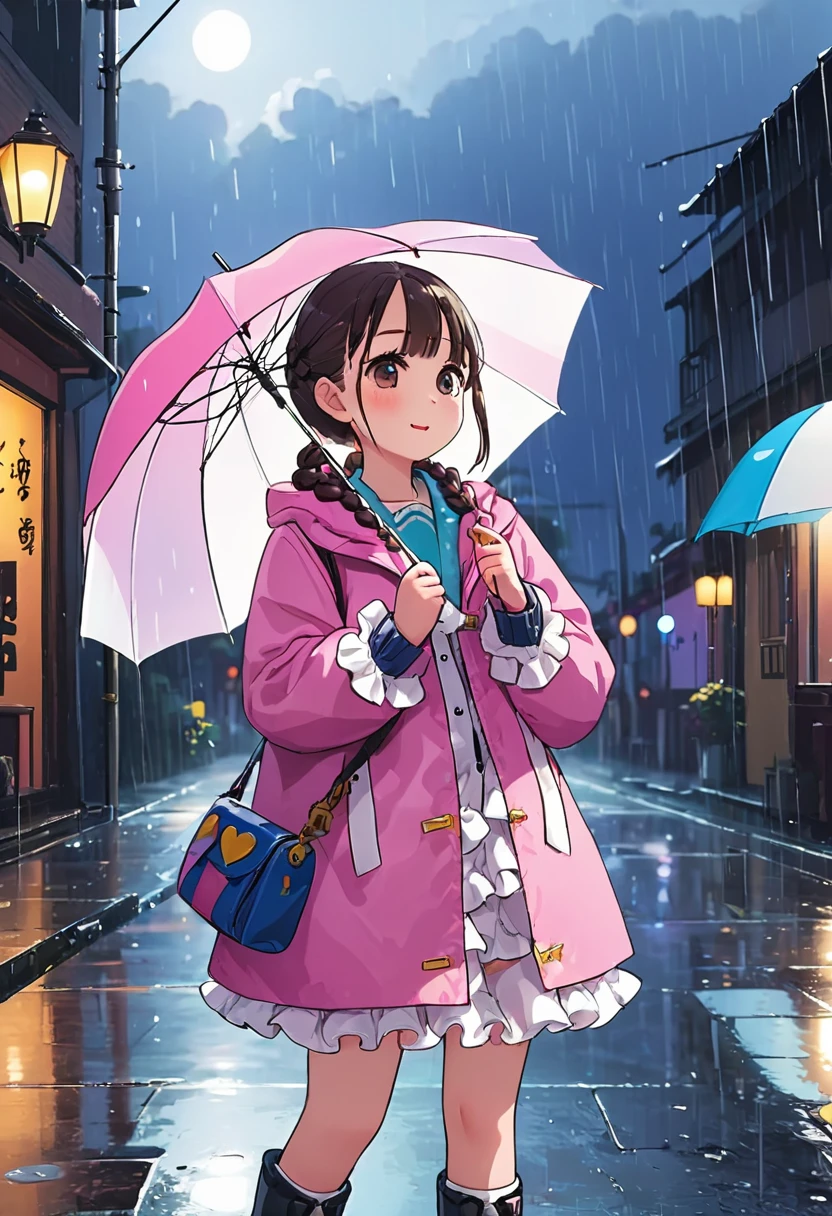 Highest quality、High resolution、Detailed Background、Beautiful face in every detail、age beauty、Cute hair colour、Braided Ponytail、Braided bob cut、Cute hairstyle、well-groomed eyebrows、Cute gestures、
A girl happily waiting for someone even in the rain、
A small back holding an umbrella、I'm lonely by myself but I'm waiting、Until someone comes、
Wet ground beneath my feet、Above is the sound of rain from the sky、But I'm waiting、Without hesitation、
だって約束したhour間、もうすぐ来るはずだからI'll be waiting、I want to be no longer alone、
Dripping rain、hour々Blowing in the Wind、But I won't leave you、I'll be waiting、
Until someone comes、It's lonely being alone、When that person comes, I can smile、
Pink or pastel colored raincoats for a feminine look、The frills and ribbons are the highlights.、
Choose rain boots in the same color as your raincoat、The heart and star shaped decorations are cute.、
Bring a cute umbrella with a unicorn or character design、Mitten-style gloves that allow you to expose your fingertips are convenient for playing freely.、
Stylish decorations with ribbons and frills、A warm knit hat with pom-poms and frills for an accent、
The colorful design creates a lovely atmosphere.