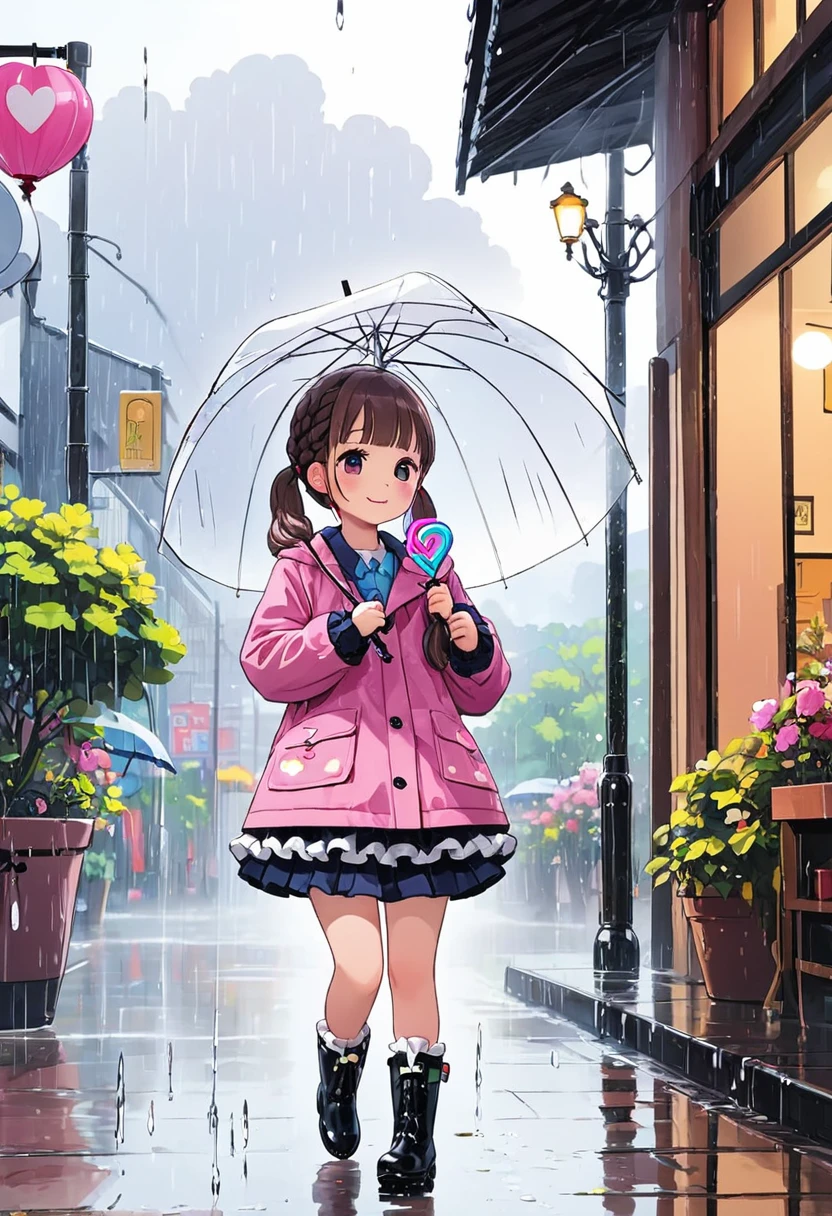 Highest quality、High resolution、Detailed Background、Beautiful face in every detail、age beauty、Cute hair colour、Braided Ponytail、Braided bob cut、Cute hairstyle、well-groomed eyebrows、Cute gestures、
A girl happily waiting for someone even in the rain、
A small back holding an umbrella、I'm lonely by myself but I'm waiting、Until someone comes、
Wet ground beneath my feet、Above is the sound of rain from the sky、But I'm waiting、Without hesitation、
だって約束したhour間、もうすぐ来るはずだからI'll be waiting、I want to be no longer alone、
Dripping rain、hour々Blowing in the Wind、But I won't leave you、I'll be waiting、
Until someone comes、It's lonely being alone、When that person comes, I can smile、
Pink or pastel colored raincoats for a feminine look、The frills and ribbons are the highlights.、
Choose rain boots in the same color as your raincoat、The heart and star shaped decorations are cute.、
Bring a cute umbrella with a unicorn or character design、Mitten-style gloves that allow you to expose your fingertips are convenient for playing freely.、
Stylish decorations with ribbons and frills、A warm knit hat with pom-poms and frills for an accent、
The colorful design creates a lovely atmosphere.