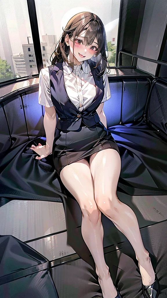 Mouth open、Sticking out tongue,,whole body,pants,Leg spread:0.8,Public Image Group Photo:1.5, shiny limbs,Very attractive arms and thighs,Elegant,Very sexy body, No sleeve,office lady,Wearing a tight skirt,Ahegao:1.5,orgasm:1.5