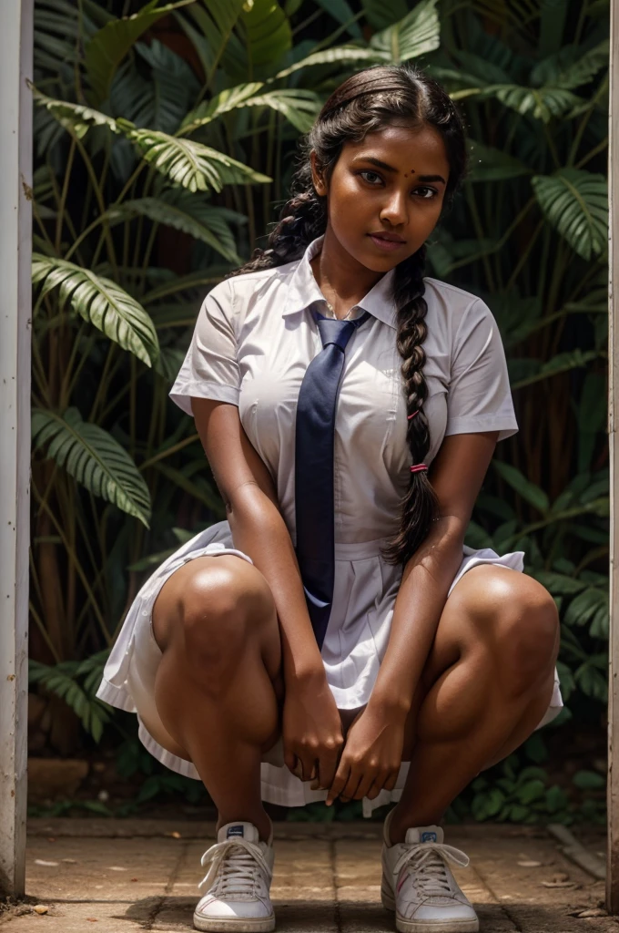 beautiful cute Sri Lankan school girl, wearing short socks and white sneakers, Large breast size , 20 years old, wearing a white frock and a colored tie. She has plaits, black braided long hair, showing hairy hirsute pussy, up skirt, cinematic lighting, glowing, movie filter, moody effect, thick body, beautiful Indian face, tanned skin, dark skin, oily sweaty skin, brown skin, squatting up skirt