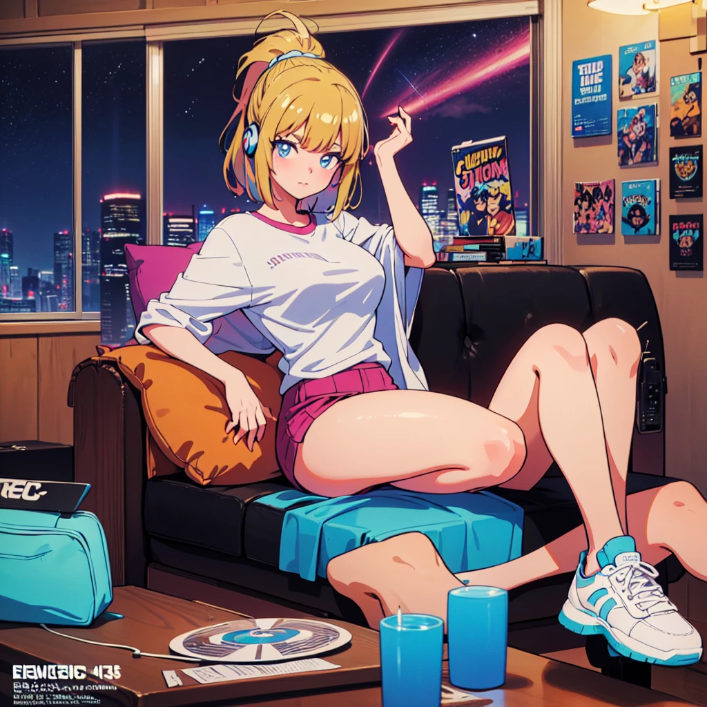 (masterpiece), Highest quality, Expressive eyes, Neon pastel aesthetics, Retro 90s, Neon color,((Girl sitting on sofa,In a cozy room,Records hanging on her wall, Comic books on the floor, Looking out the window behind her at the night city, Upholstered room, Anime figures lined up on a shelf)), Wearing headphones, (All around her it sparkles), (wearing thick colorful sneakers), (blue eyes), (Soft look), (Synthwave Art Style), Colorful Hair, Desk with PC set up