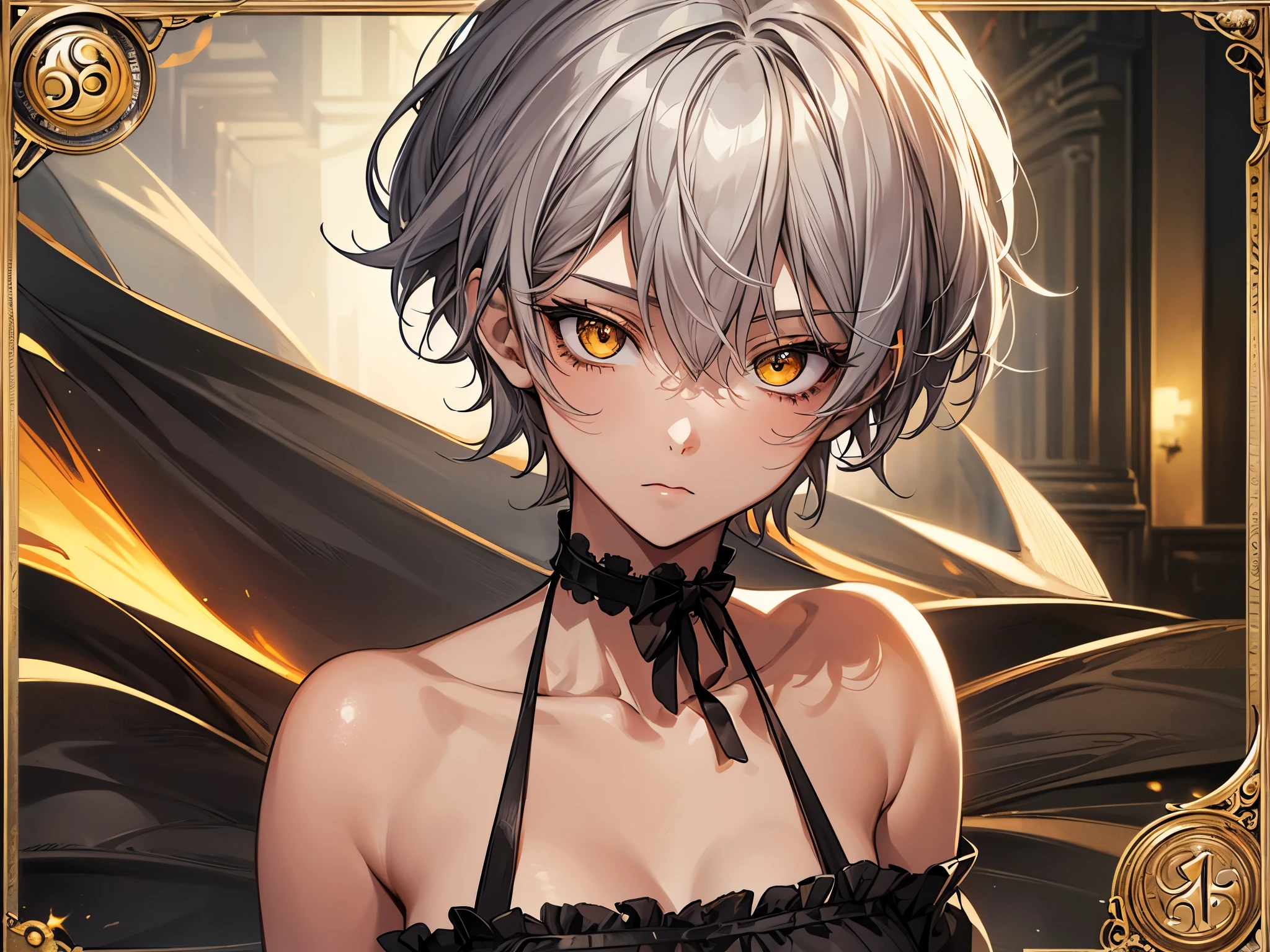 masterpiece, Highest quality, Perfect Face, Highest Resolution, Highest quality,Detailed depiction of the eyes, 1 girl, young, slender body, Short, deep tan skin, slate gray hair, short hair, upturned eyes, Yellow Orange eyes, Perfect Anatomy, steampunk, ribbon choker, Work clothes, Workshop, document, images