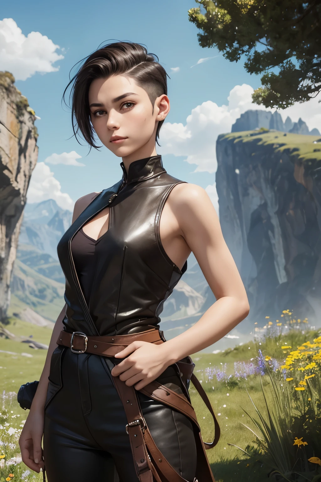 A warmhearted young woman with an undercut in a fantasy setting. A adventurer and wanderer. Very androgynous looking. In a good mood. Sympathic. Tomboyish. Androgynous. Soft. Slim body. Very . Very small breasts. Wide hips. Thick legs. Face: Extremly pale skin with liverspots and freckles. Soft narrow face with a round chin. Soft small jaw. Big forehead. Very thin barely visible eyebrows. Upturned big dark-brown eyes. Dark-brown eyecolour. Very long and wide nose. Big curved lips. Very short dark-brown hair. A boyish short haircut. Undercut. Sides shaved. A tight fantasy outfit of a wanderer. Background: green meadow and a blue sky.