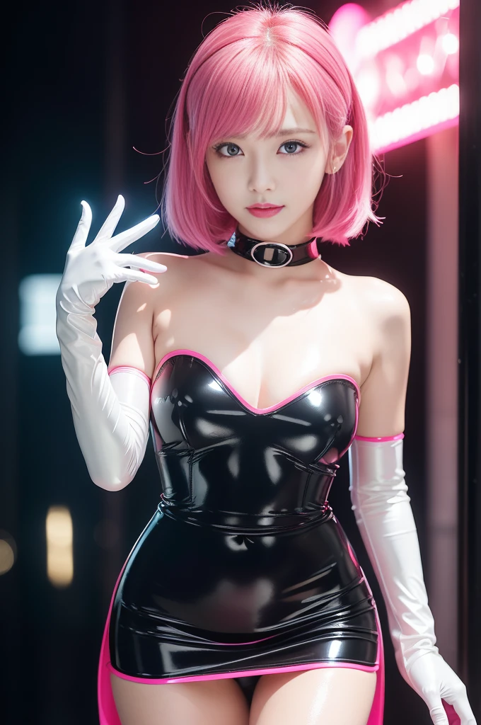 female idol、lip gloss、smiley face、、((Shiny Glossy Latex Long Gloves（neon hot pink)))、Spread your legs, Skirt lifting, Lift up your skirt, pussy, pussy노출, 활짝벌어진 pussy, show armpits, Lori, ((Shiny Glossy Latex Tight Choker（neon hot pink)))、((Shiny glossy latex tight strapless top（neon hot pink)))、((Shiny glossy latex tight mini skirt（neon hot pink)))、(Short hair（neon hot pink)) high quality, realistic, very detailed CG 통합 8k , very detailed, High-quality RAW color photos, professional photography, realistic portrait, cinematic light, beautiful detailed, super detail, high details, (((bokeh))), depth of field, light, red light, white space, 매우 세련된 light