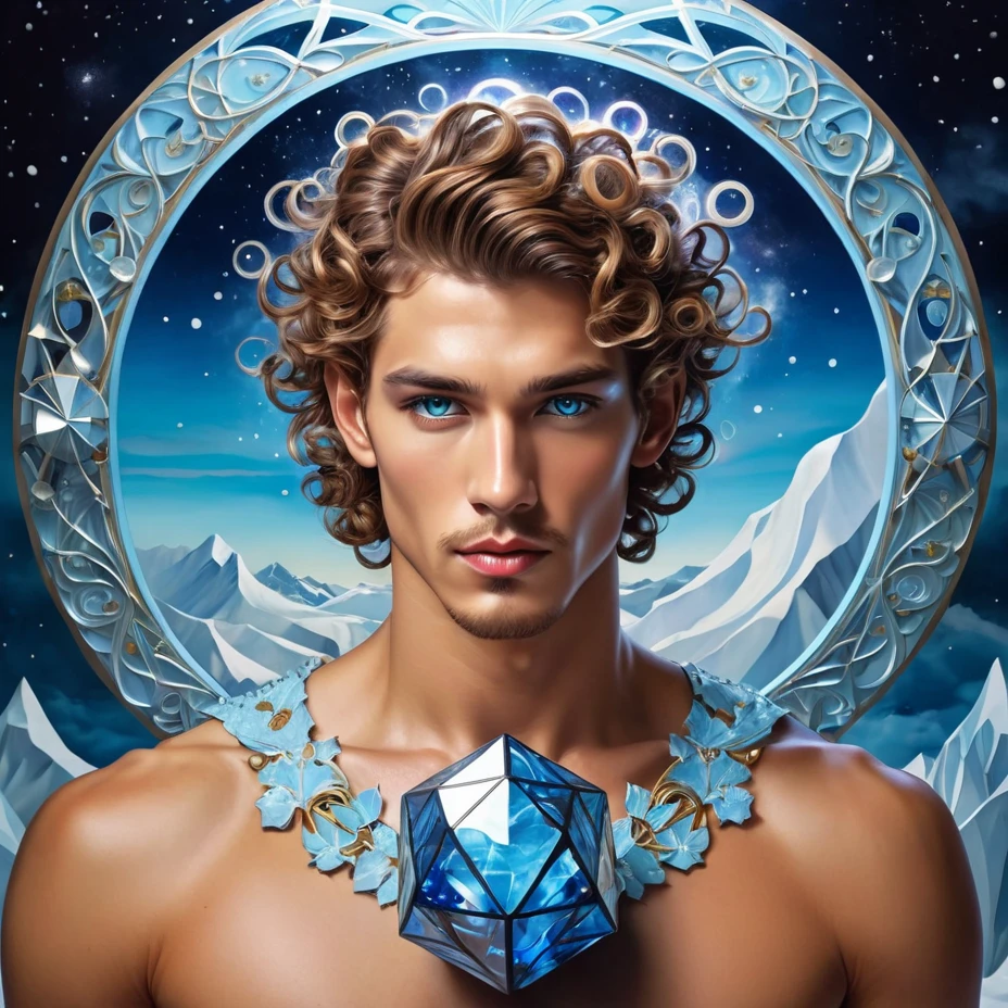 Surrealist Art Nouveau male , Junior fashion, Pacific Islanders, Light blue eyes, Curly ears, High jawline, cheekbones, Chestnut crew cut hair, Sarcasm,, Engaged in astral projection, Seek knowledge from the outside, witch, (astronomer,an avalanche of snow,dashed,Spray foam insulation Brownian motion,Solid,astral,Dodecahedron,Pentagon magic:1.0) Lightning magic , Standing tall, One finger forward, Directing energy, Wisps of fire, SimplePositiveXLv1,è¶é«åè¾¨ç, the wallpaper, 8K,Rich texture details, ultraÂ -Â detailed, Detailed eyes, Detailed background, Dramatic angle, Professional lighting,Epic composition, . elegant, decor, Curved form, Inspired by nature, opulent, Detailed . Dreamlike, mysterious, Provocative, sigature, Intricate, Detailed A pintura deve capturar a essência multifacetada e energética de um geminiano metaleiro, mostrando a dualidade, a criatividade e a paixão intensa pela música. A cena deve ser rica em simbolismo, representando a personalidade vibrante de um geminiano enquanto incorpora elementos da cultura do metal, sugerindo a fusão de intelectualidade e rebeldia.
