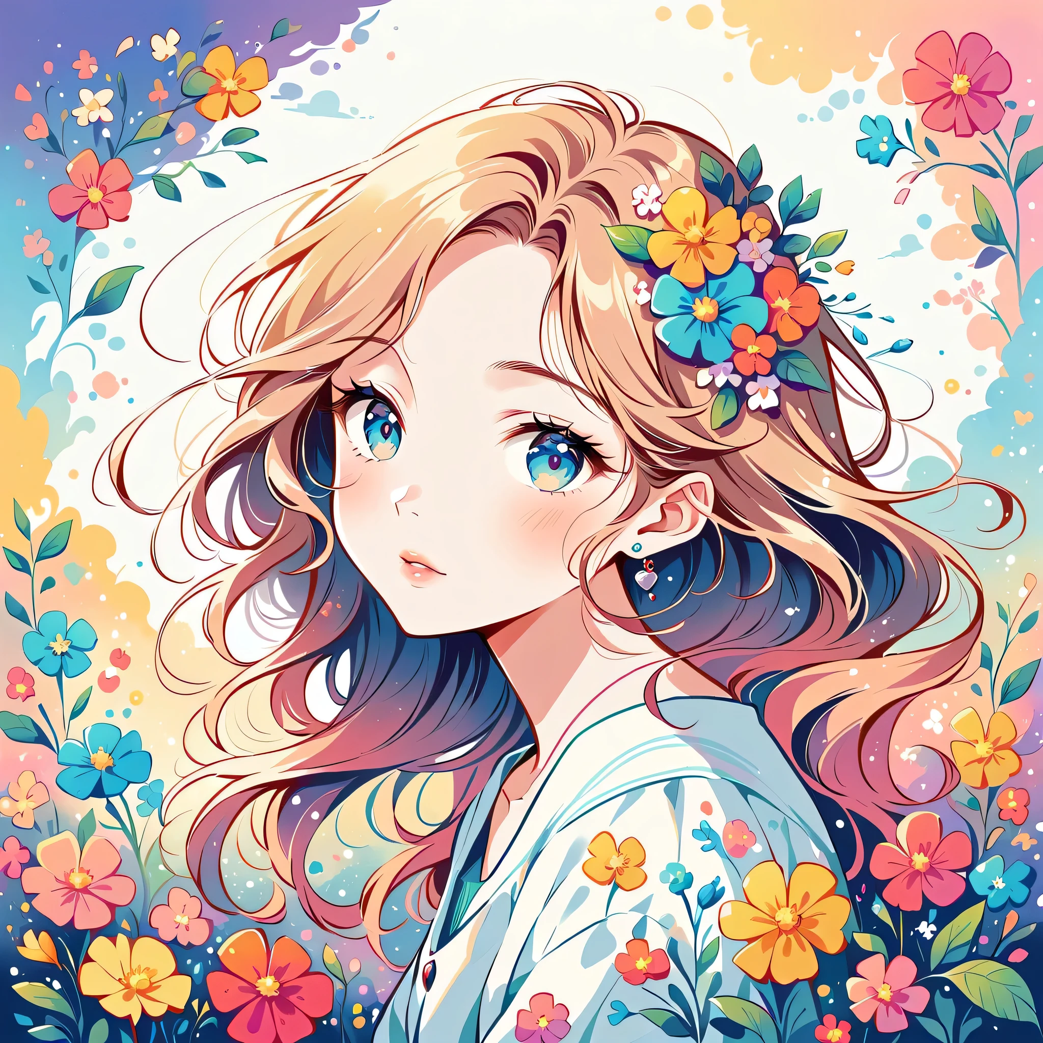 Kei Mochizuki Style、The most beautiful girl of all time、Lips in Love、Colorful flowers、Simple line initials、Abstract art、Urban Background